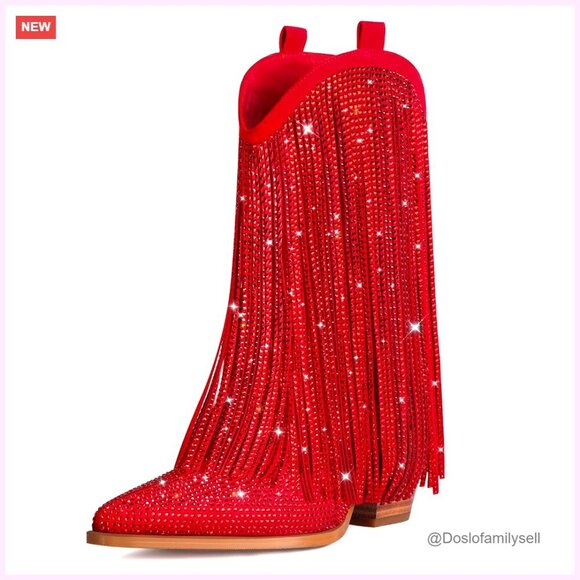 Shoes - Suede Cowboy Boots with Rhinestones, Fringe, Chunky Heel, Pull-On
